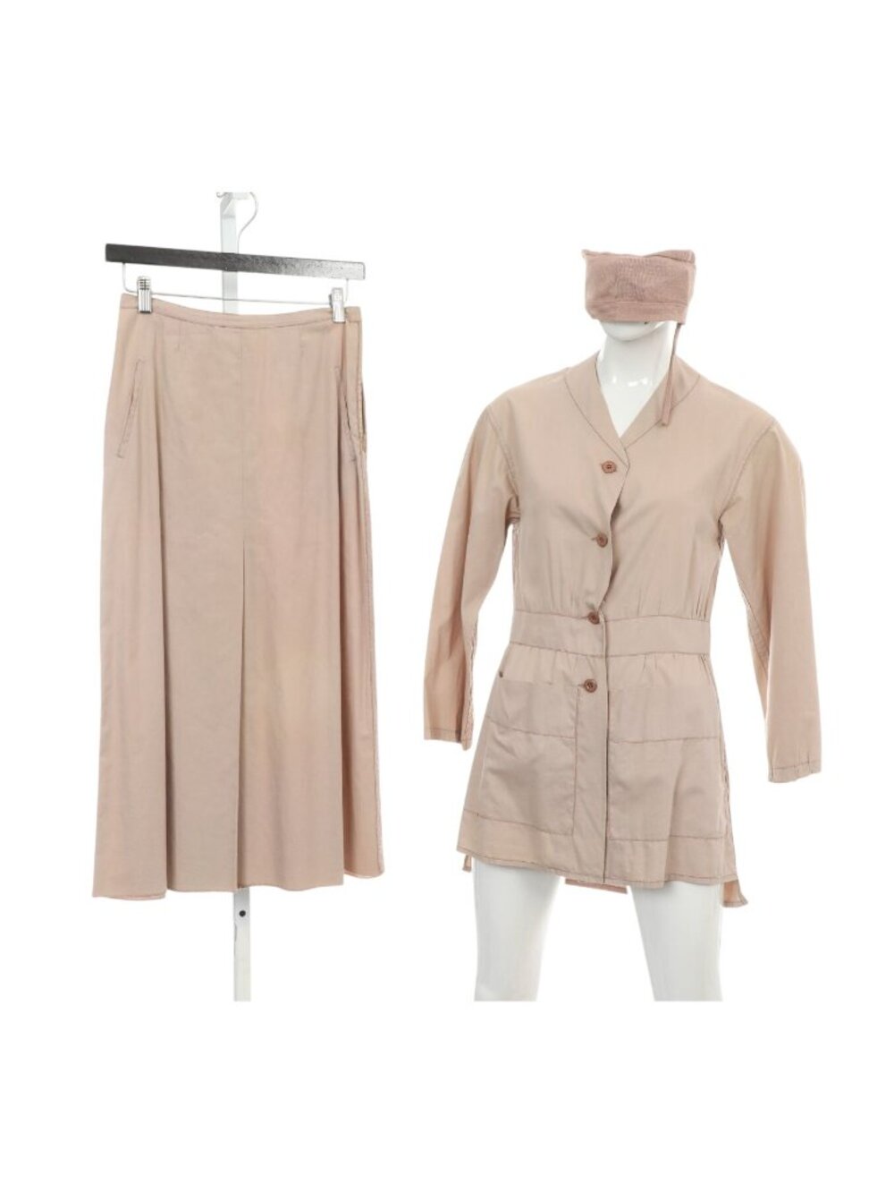Vintage Sonia Rykiel Tan Cotton 3 Piece Jacket Skirt Hat Set France Small